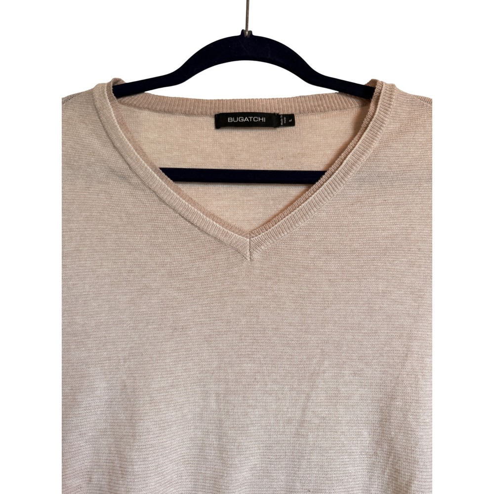 Lightweight Bugatchi Mens Sand Beige 100% Cotton V-Neck Sweater Made in Italy